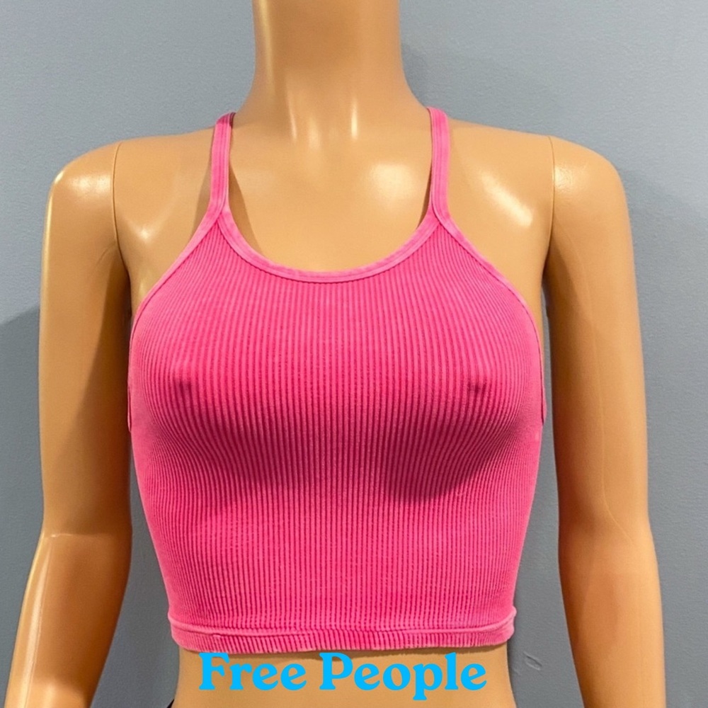 New Free People Happiness Runs Pink Ribbed Crop Top